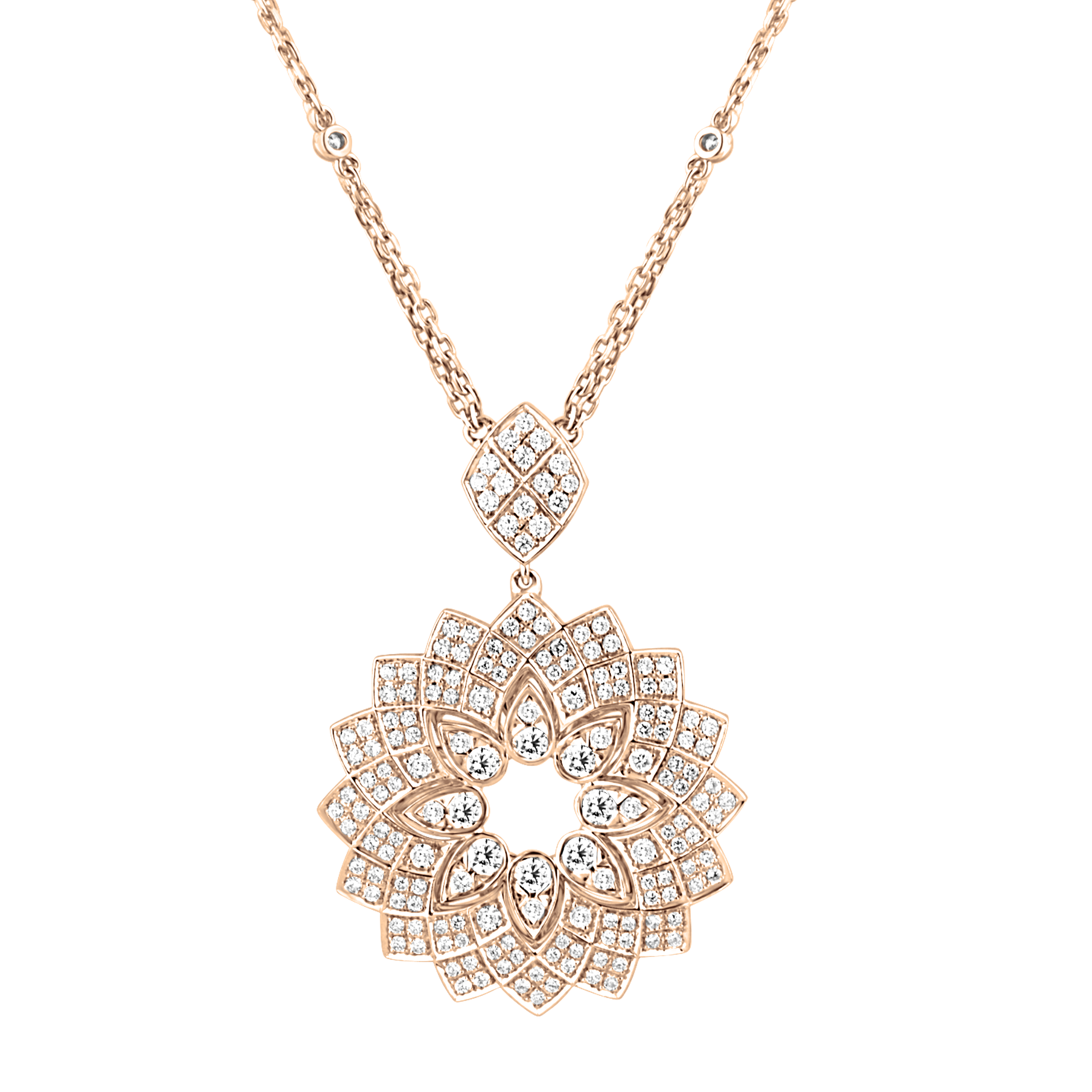 A luxurious geometric pendant with rose gold, diamonds, and purple gemstones